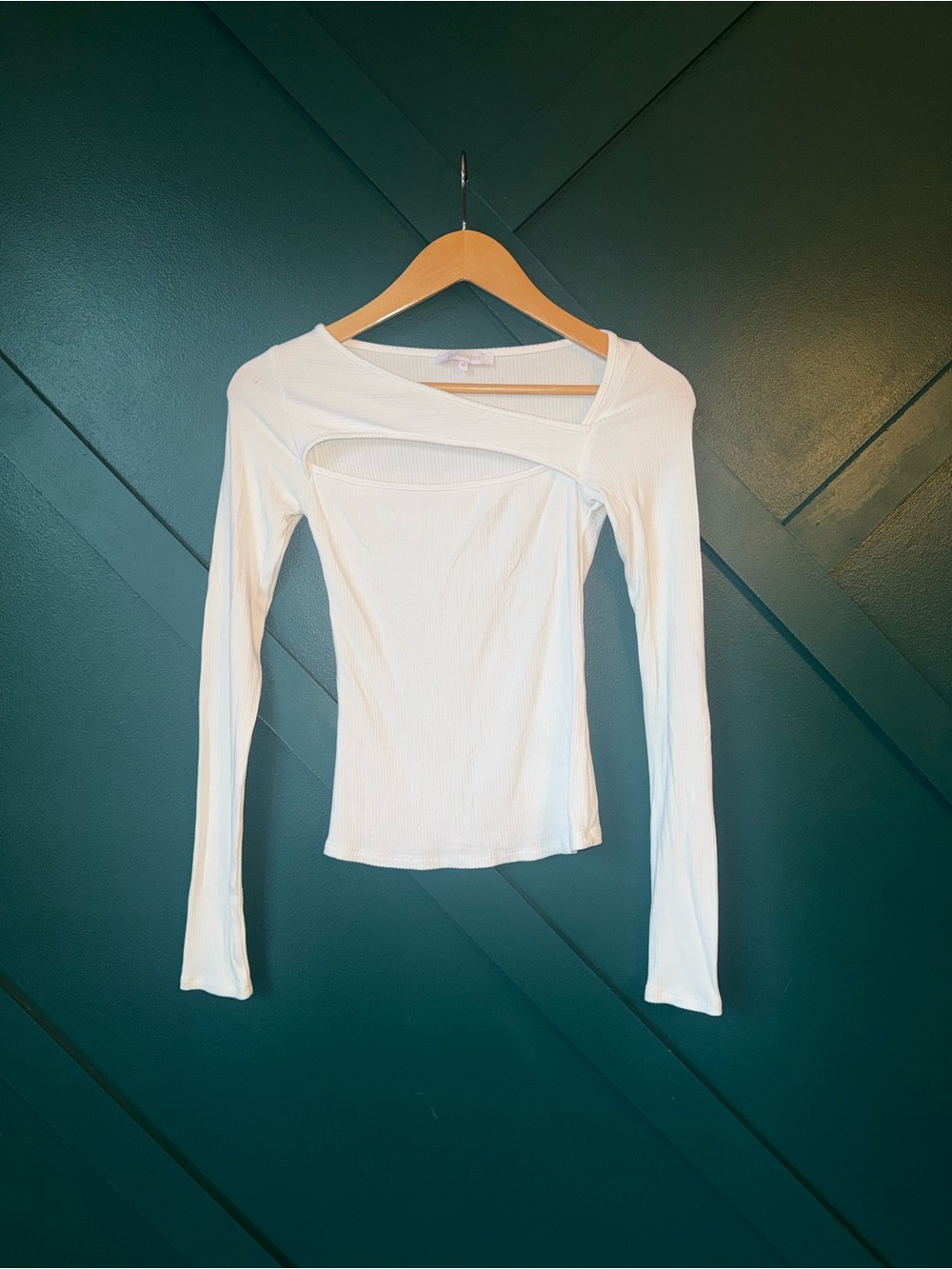 Olivaceous White Ribbed Asymmetrical Cutout Long Sleeve Top Y2K Coquette - Picture 2 of 7